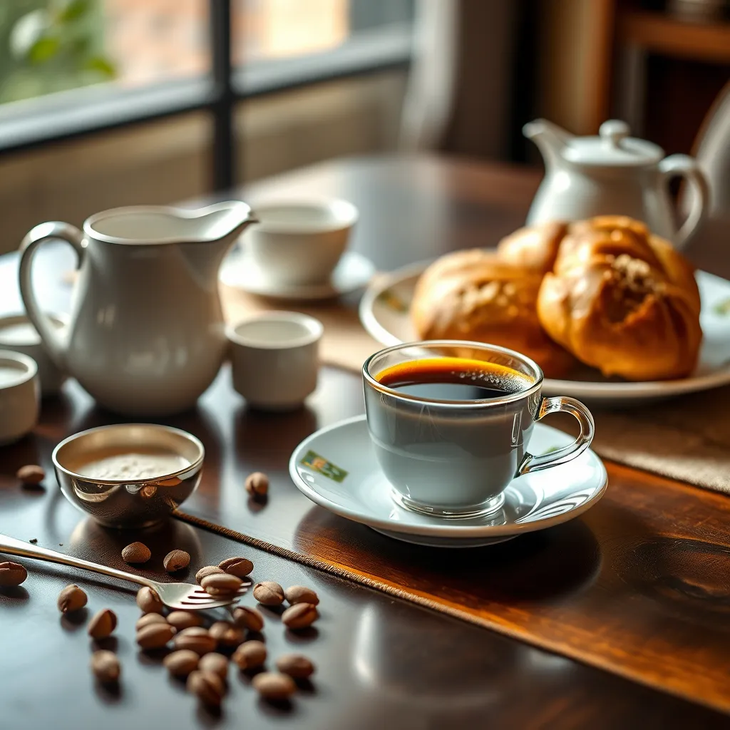 A beautifully styled table setting with a cup of freshly brewed filter coffee, a plate of freshly baked pastries, a milk pitcher, and a sugar bowl. The image should capture a cozy and inviting atmosphere, highlighting the joy of enjoying a delicious cup of coffee.