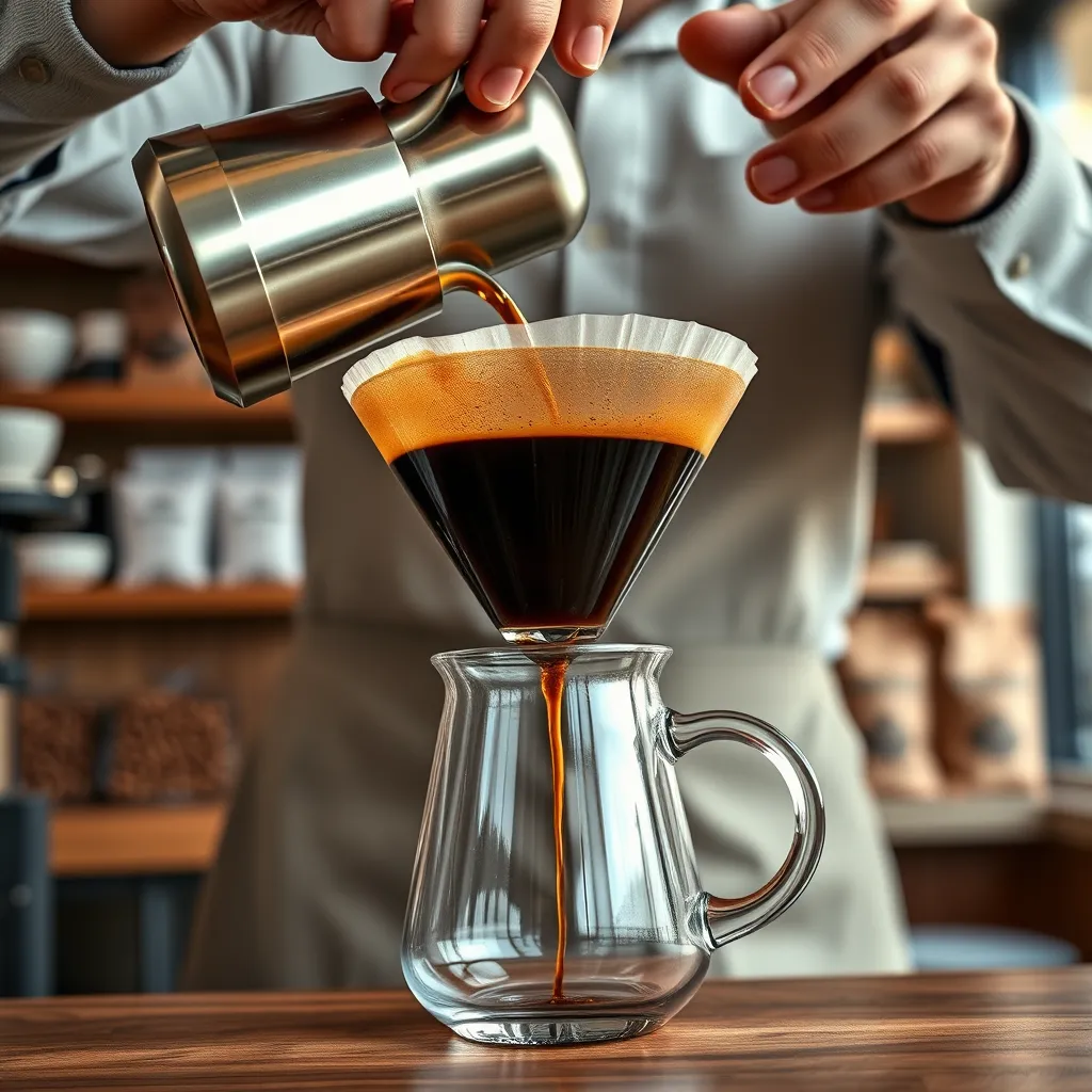 A close-up shot of a barista expertly pouring a fresh cup of single-origin filter coffee from a sleek stainless steel pour-over device into a clear glass mug. The coffee should have a rich, dark color, with a delicate aroma swirling in the air. The barista's hands should be visible, showcasing their skill and precision. The background should be a minimalist, modern coffee shop interior, with warm lighting and a rustic wooden counter. Include a display of various coffee beans in the background, showcasing the selection of single-origin coffees. Render the image in 8K resolution, capturing the intricate details of the stainless steel pour-over, the clear glass mug, and the delicate drips of coffee. The overall mood should be sophisticated and inviting, highlighting the craft and artistry of preparing a quality cup of coffee.