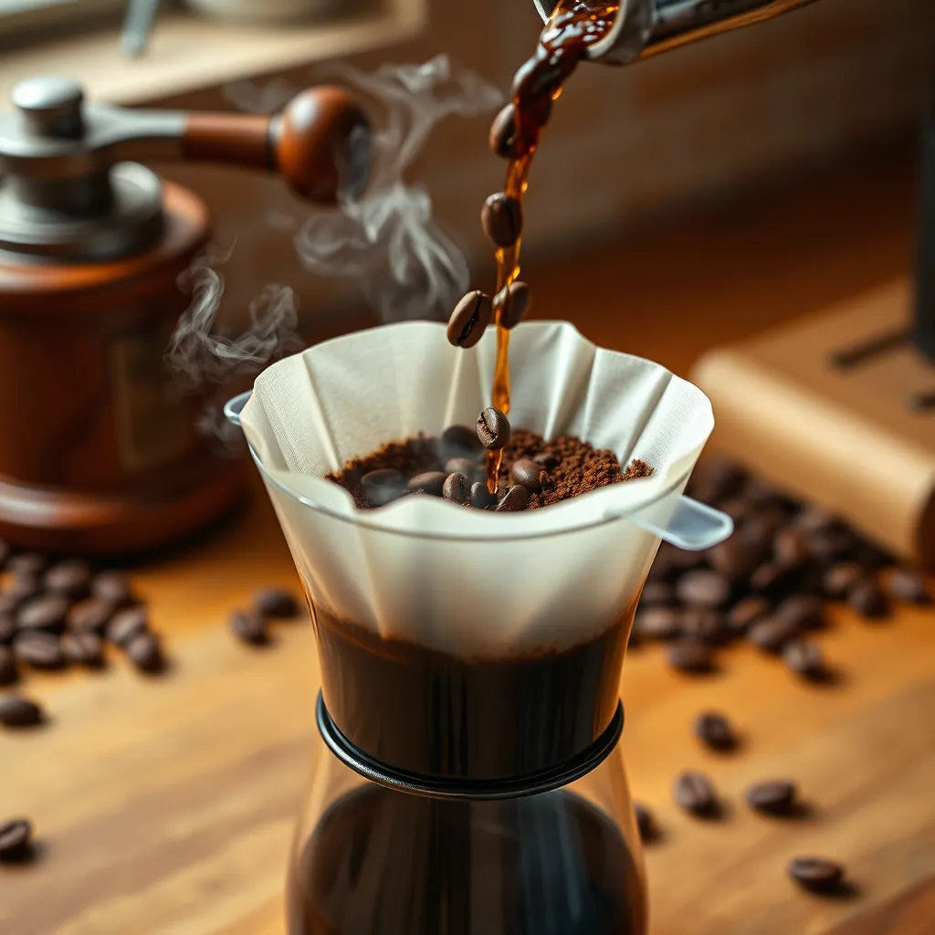 A close-up shot of freshly ground coffee beans being poured into a filter, with steam rising from the hot water. Focus on the rich brown color and the aroma of the coffee. The background should be a warm, natural wood countertop with a rustic coffee grinder nearby.
