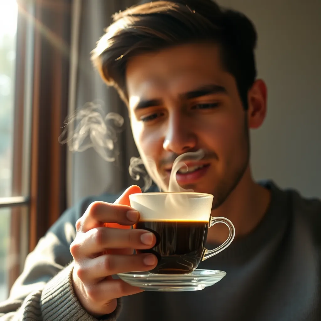 A person taking a sip of filter coffee in a serene setting, sunlight streaming through a window. Focus on the steam rising from the cup and the person's expression of pure enjoyment.