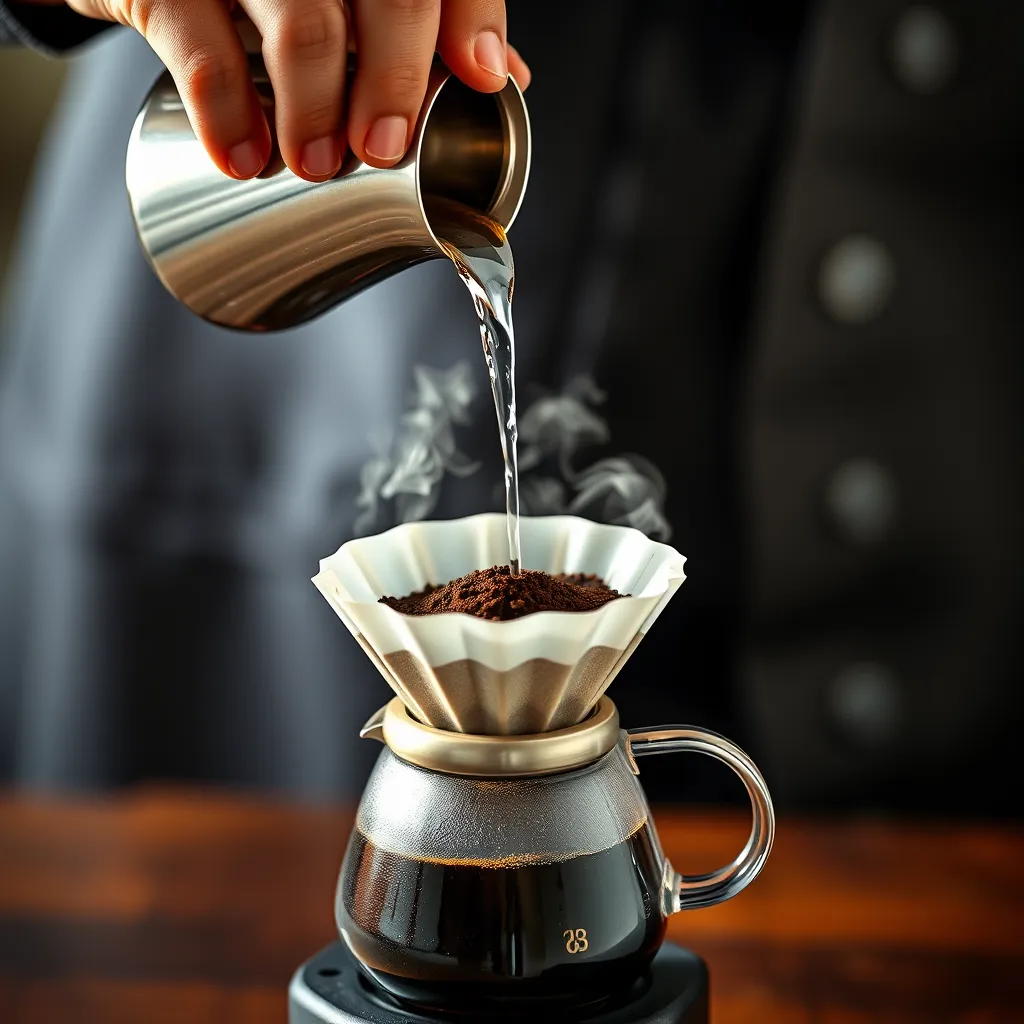 A photorealistic image of a person carefully pouring hot water over coffee grounds in a filter coffee maker. The image should capture the process of brewing coffee, showcasing the coffee maker, the filter, and the steam rising from the brewing process.